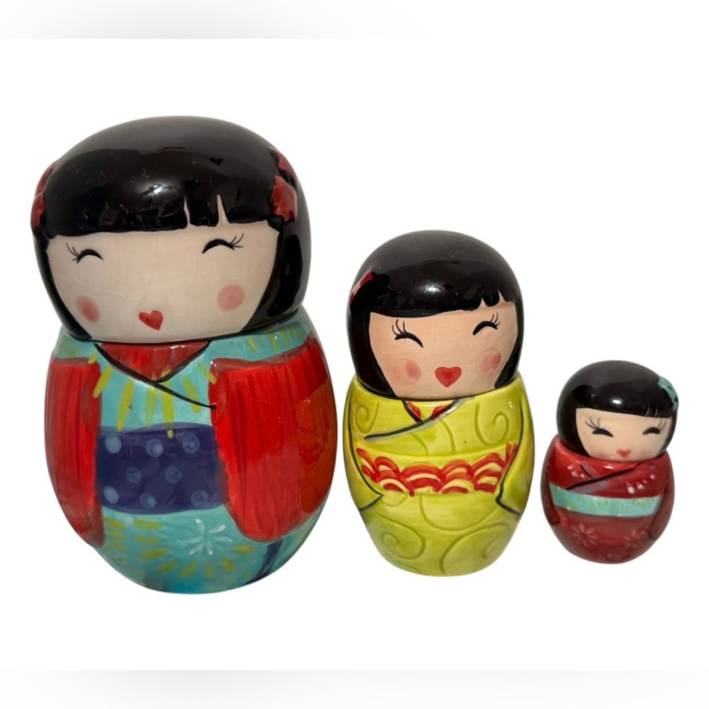 World Market 6pc Kokeshi Nesting Dolls Measuring Cup Set Ceramic